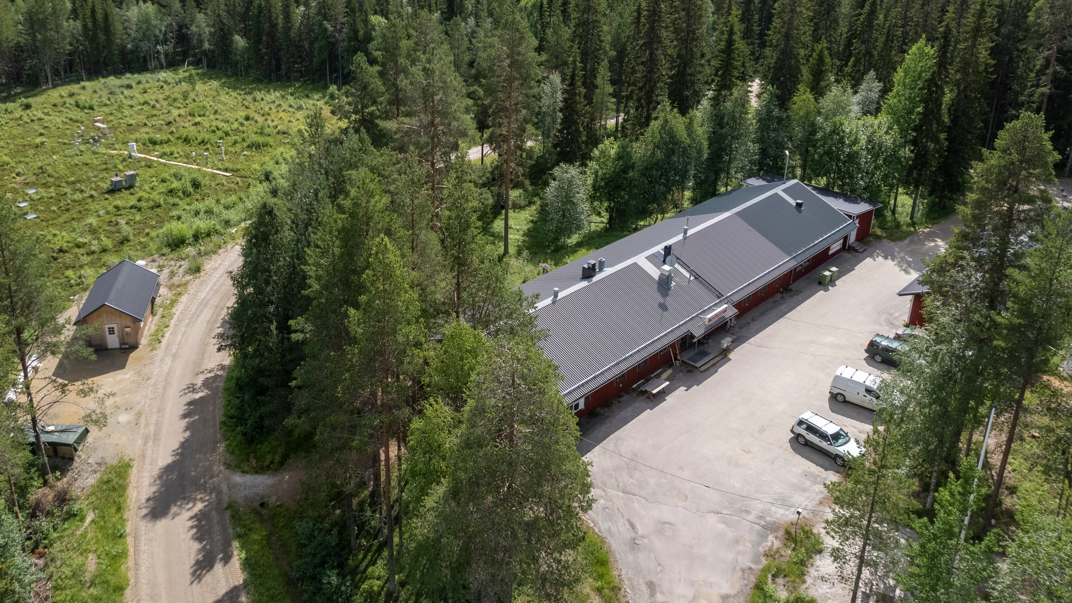 Svartberget research station with parking and ozone house shown, from above