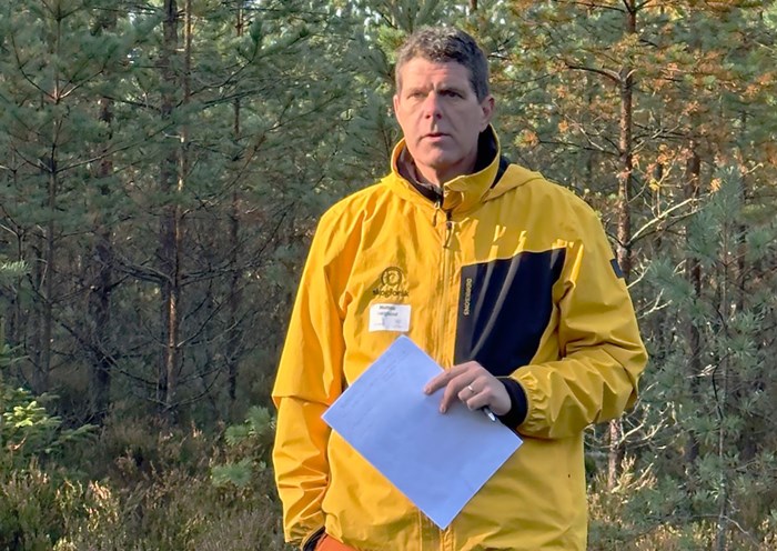 man i gul jacka i skogen