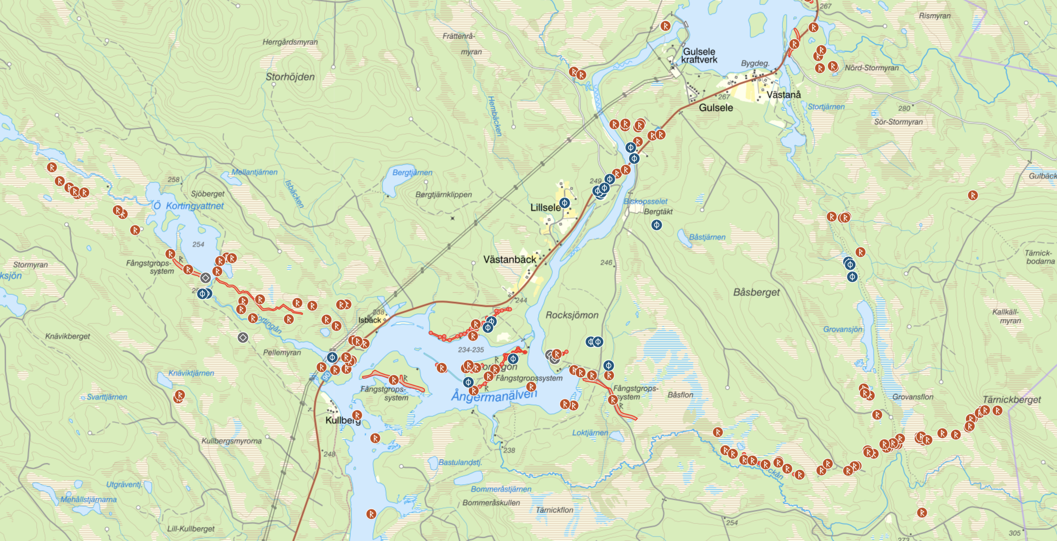 Karta som visar fornlämningar i området runt Kullberg.