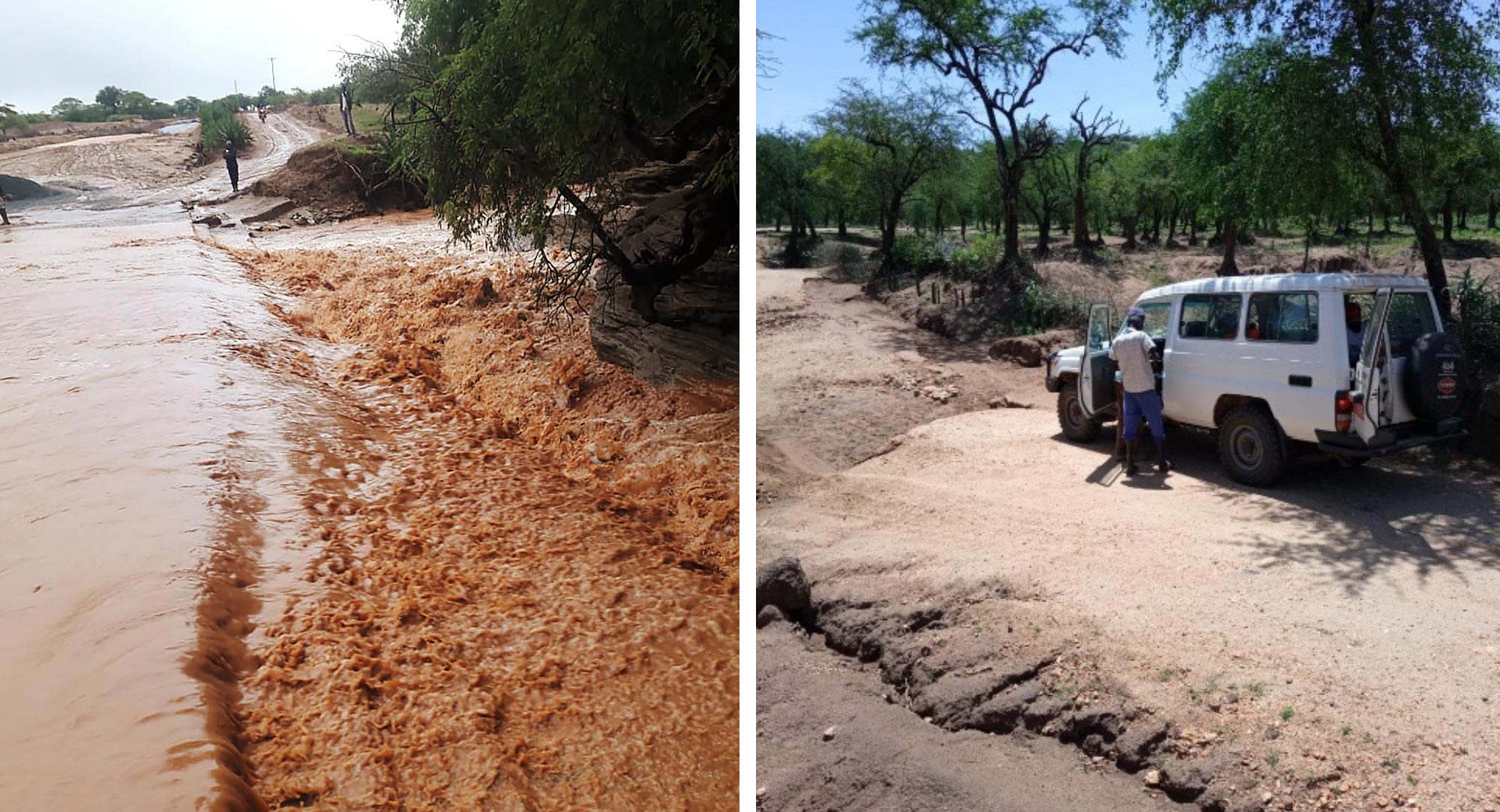 Pictures of the same road in a flooded and dried out state. The water erodes the ground and leaves large grooves when it dries out. 