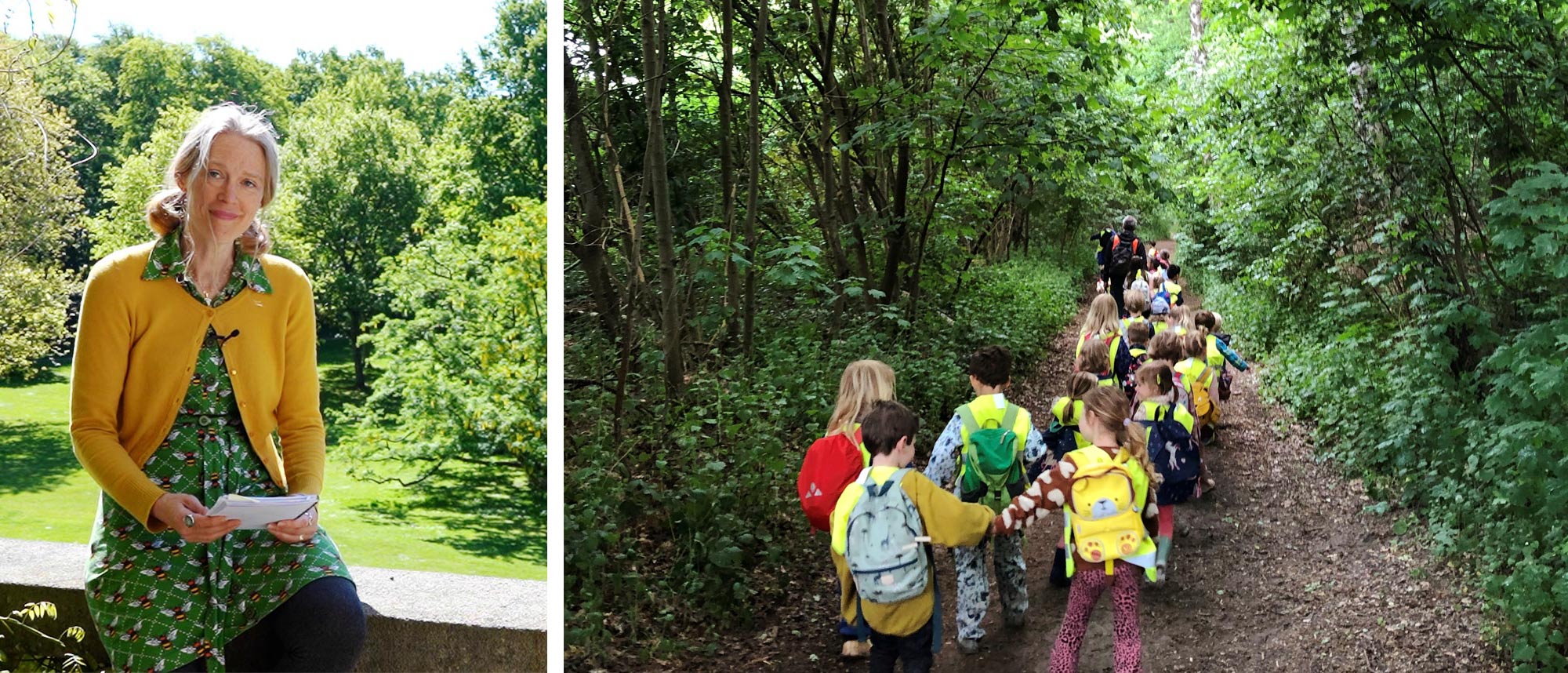 Two pictures, one of Anna Bengtsson sitting on a balcony looking into the camera and one of a group of small children out on an excursion in the forest.