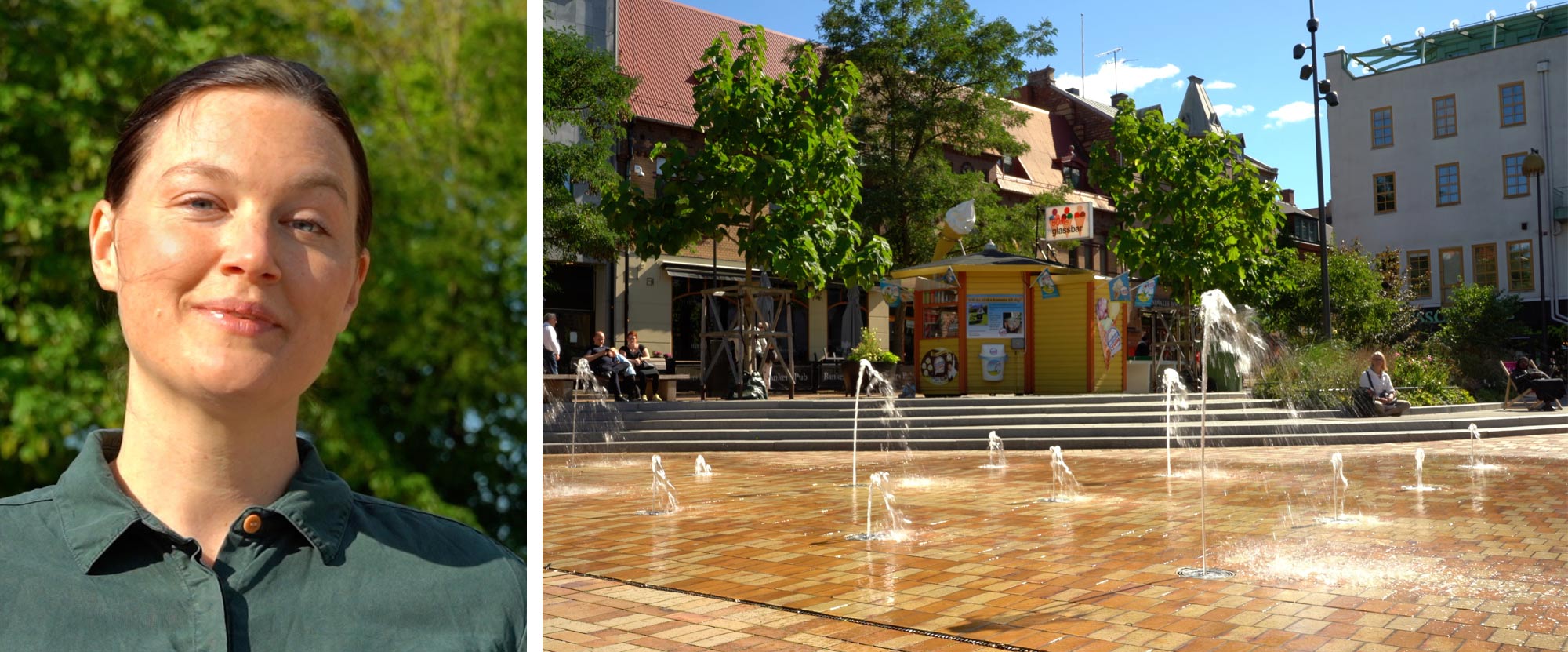 Två bilder, ett porträtt av Märit Jansson och en bild av en fontän på ett torg. Runtom fontänen sitter folk. En glassbar skymtar i bakgrunden.