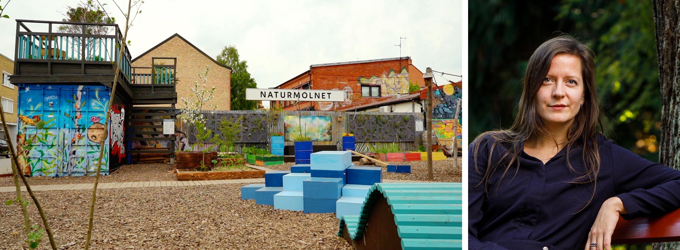 Two pictures, one of a playground with the a sign "Naturmolnet" and a portrait of Nina Fogel.