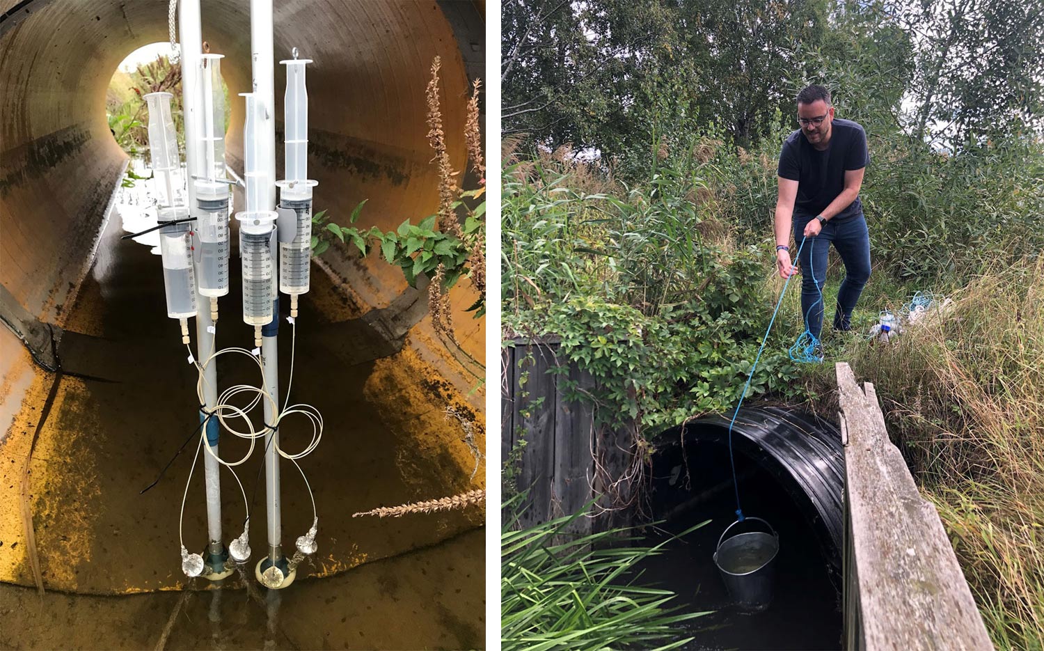 Two pctures of water sampling, test tubes and hoses collecting water and a man who lifts up a bucket of water from a stream.   