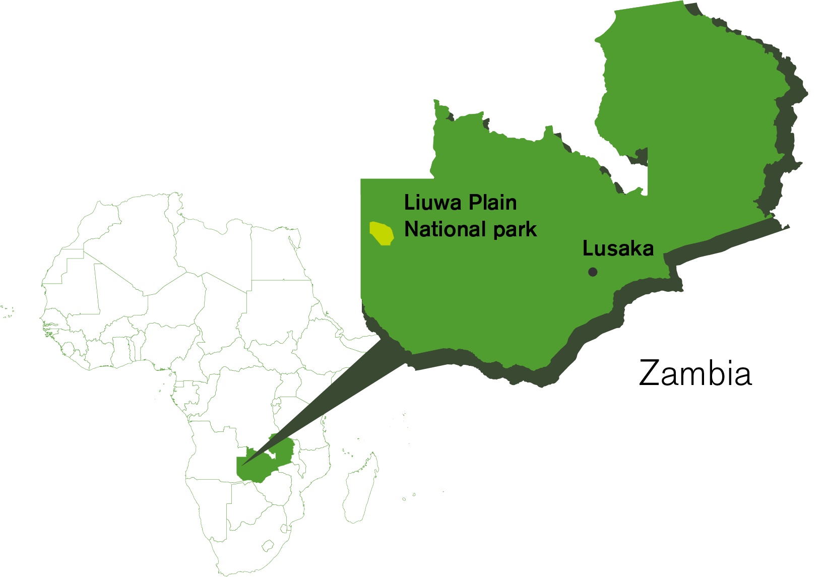 Map showing an enlarged view of Zambia and its location in Africa.