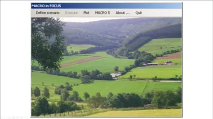 The first page of the MACRO in FOCUS tool with a menu bar and an image of an agricultural landscape