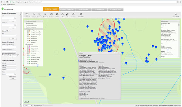 Skarmbild av artfynd (lunglav) som visas i webbtjänsten Skogens pärlor.