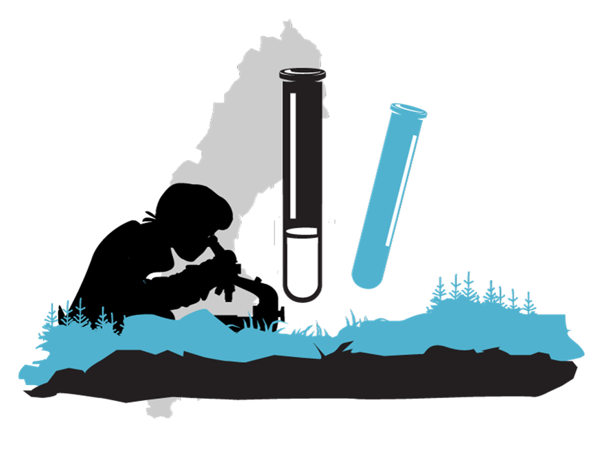 Provrör och en person som tittar i ett mikroskop. I bakgrunden syns en Sverigekarta, illustration.