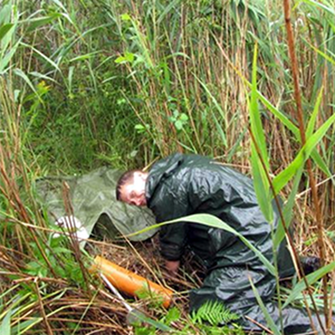 En man i regnkläder tar jordprover i tät vegetation, foto.