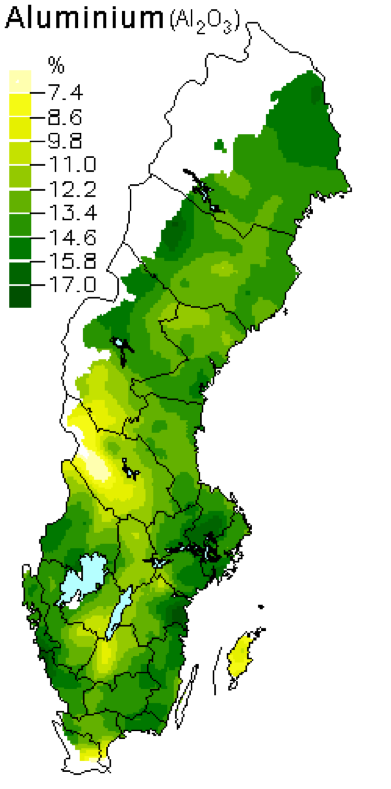 Medelhalter av aluminiumoxid i skogsmarker. Karta över Sverige