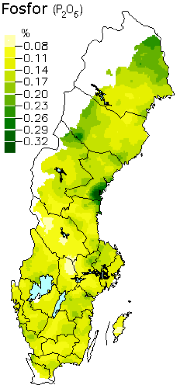 Medelhalter av fosforoxid i skogsmarker. Karta över Sverige