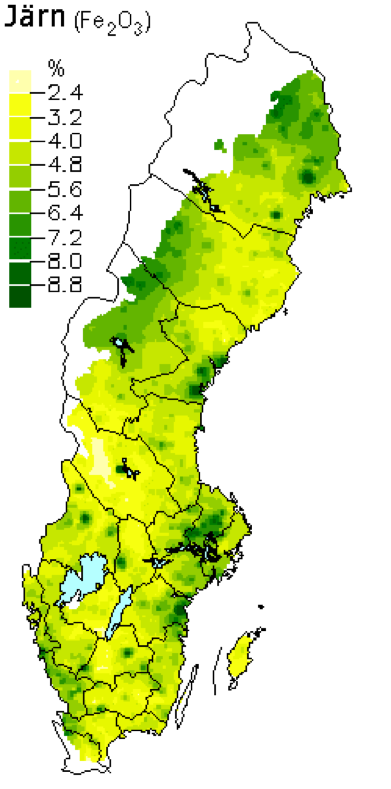 Medelhalter av järnoxid i skogsmarker. Karta över Sverige