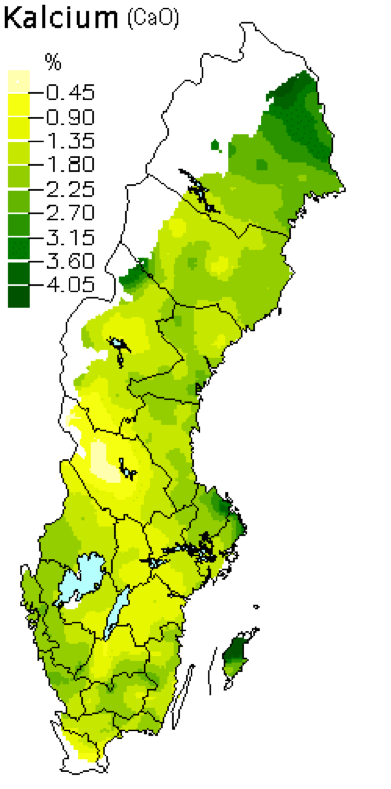 Medelhalter av kalciumoxid i skogsmarker. Karta över Sverige