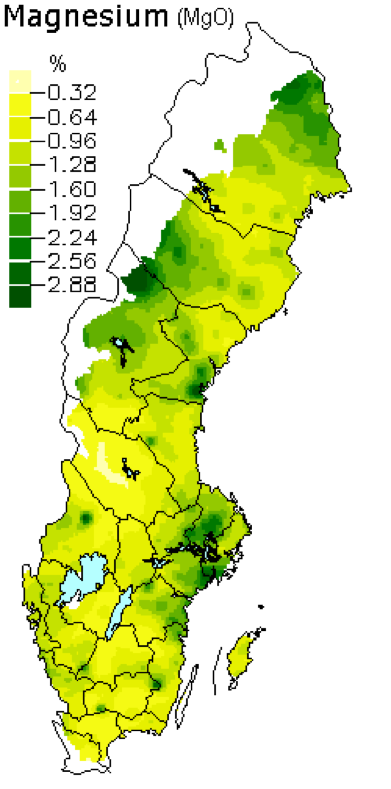 Medelhalter av magnesiumoxid i skogsmarker. Karta över Sverige