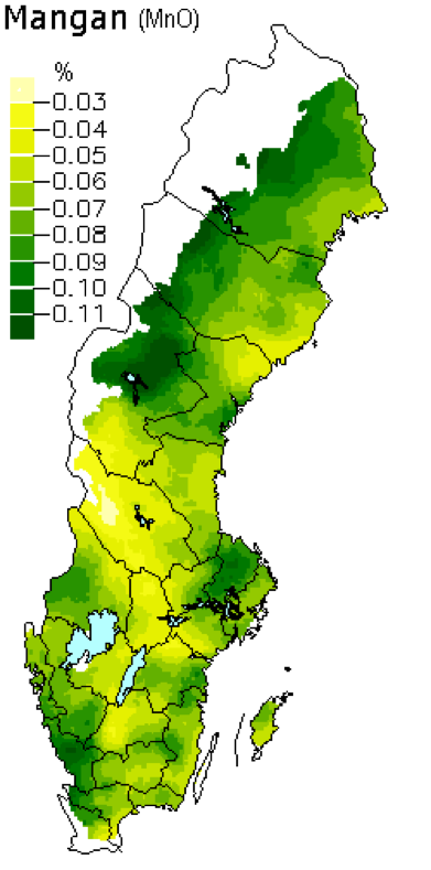 Medelhalter av manganoxid i skogsmarker. Karta över Sverige