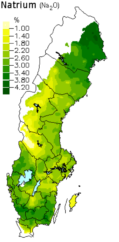 Medelhalter av natriumoxid i skogsmarker. Karta över Sverige
