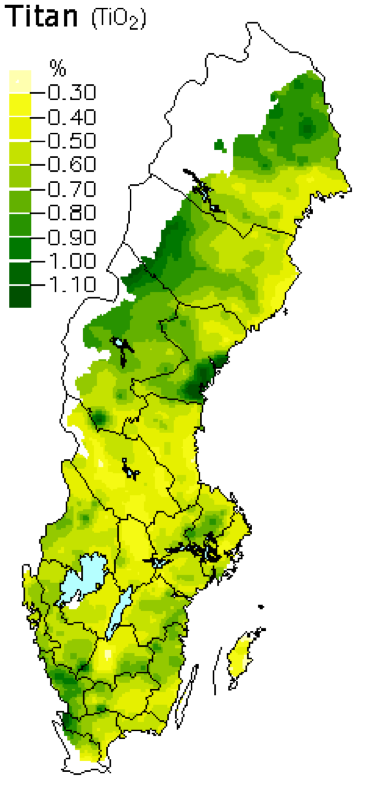 Medelhalter av titanoxid i skogsmarker. Karta över Sverige