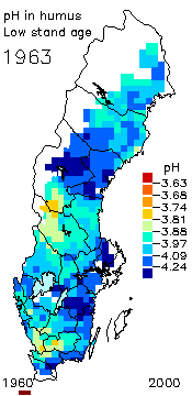 En Sverigekarta med markeringar i olika färger som visar pH i humus, illustration.