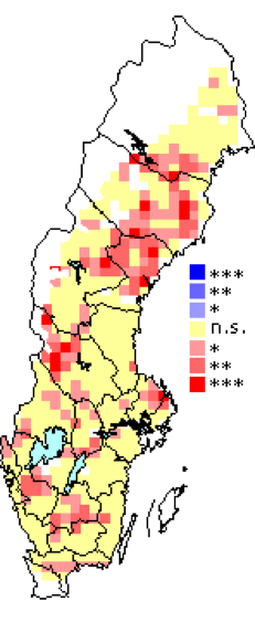 En Sverigekarta med markeringar i olika färger, illustration.