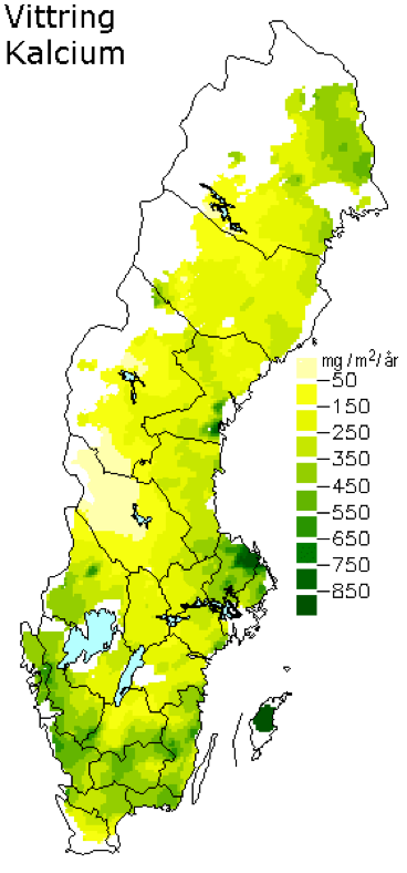 Färgglad karta över Sverige som visar årlig tillförseln av kalcium genom kemisk vittring