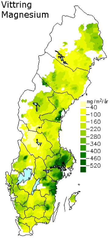 Färgglad karta över Sverige som visar årlig tillförsel av magnesium genom kemisk vittring