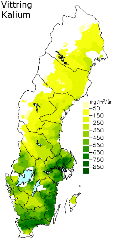 Färgglad karta över Sverige som visar årlig tillförsel av kalium genom kemisk vittring