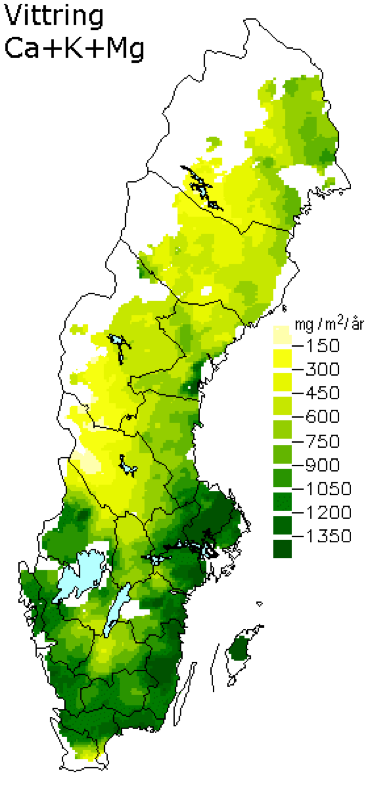 Färgglad karta över Sverige som visar årlig tillförsel av Ca+Mg+K genom kemisk vittring
