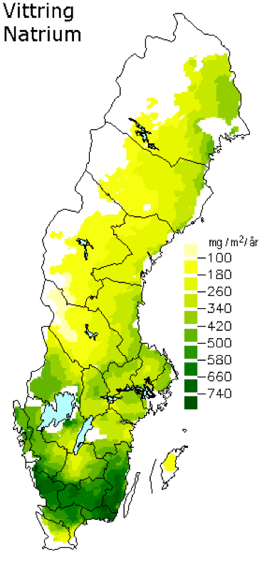 Färgglad karta över Sverige som visar årlig tillförseln av natrium genom kemisk vittring