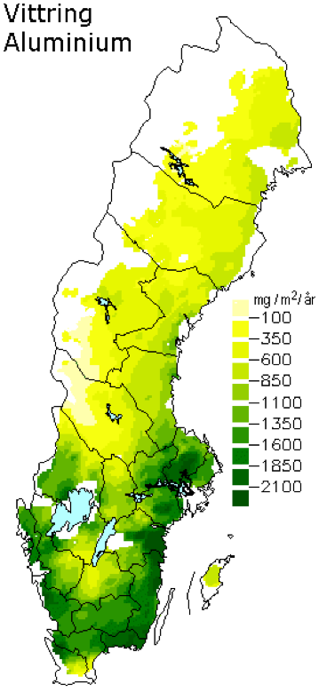 Färgglad karta över Sverige som visar årlig tillförsel av aluminium genom kemisk vittring