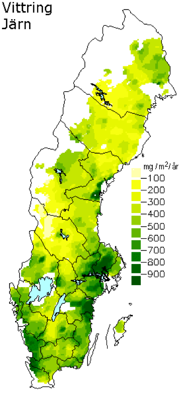 Färgglad karta över Sverige som visar årlig tillförsel av järn genom kemisk vittring