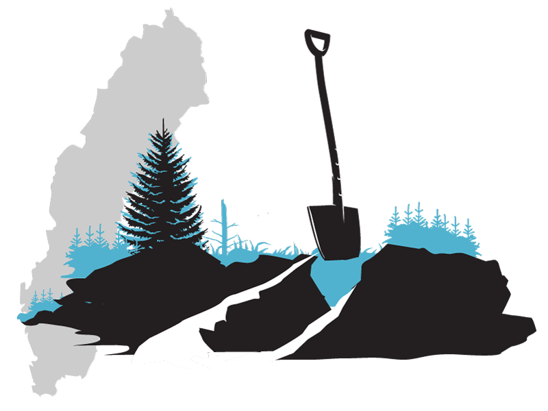 En spade i jorden med en Sverigekarta i bakgrunden, illustration.