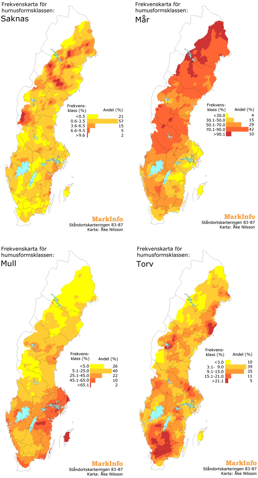 Fyra Sverigekartor med markeringar, illustration.