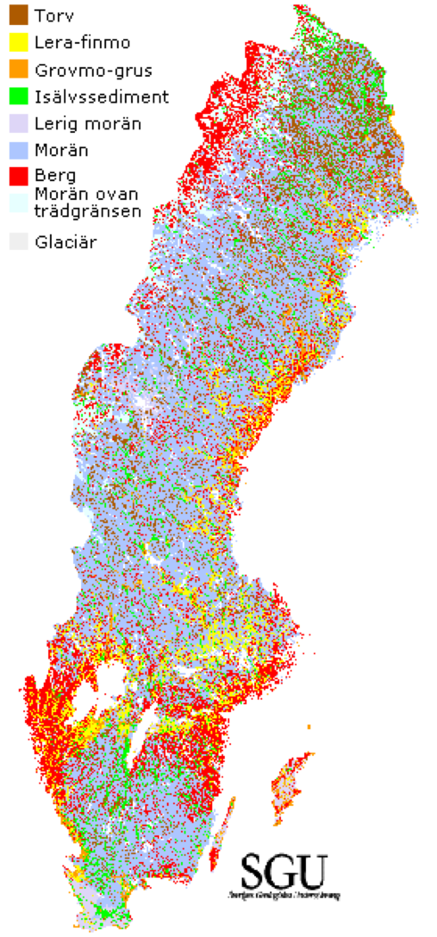 En Sverigekarta med markeringar i olika färger, illustration.