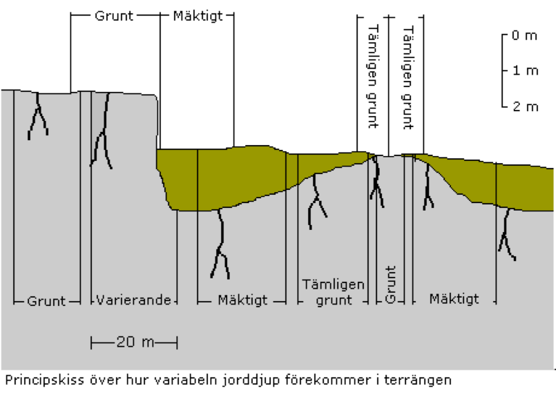 Principskiss över hur variabeln jorddjup förekommer i terrängen