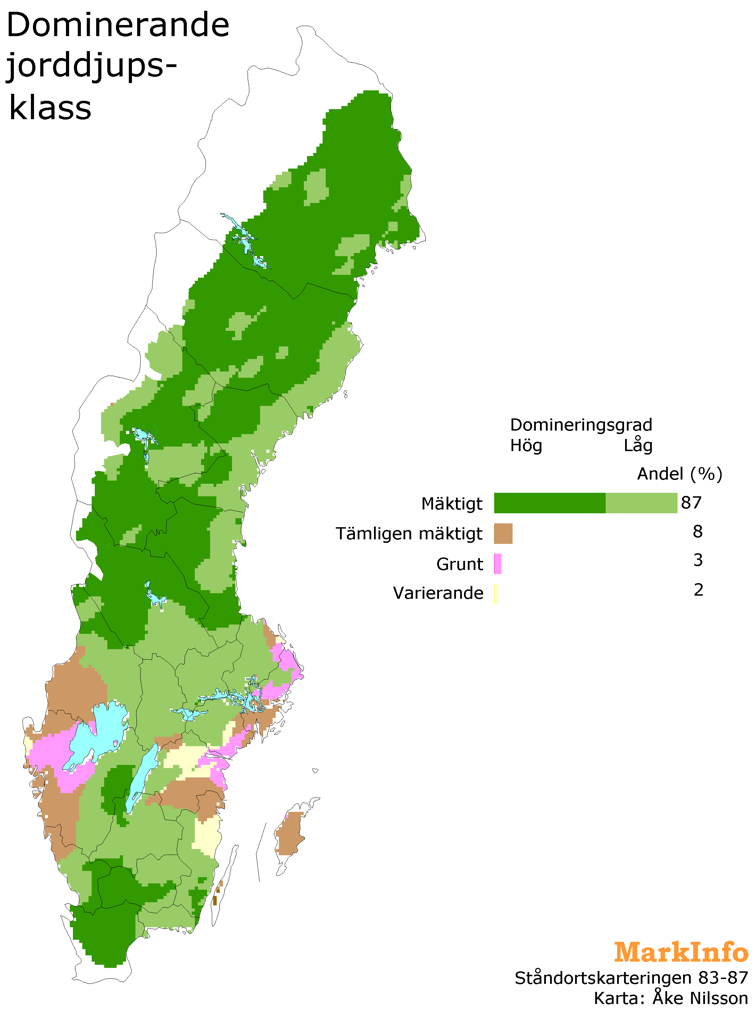 Dominerande jordmånsklass i Sverige. Karta