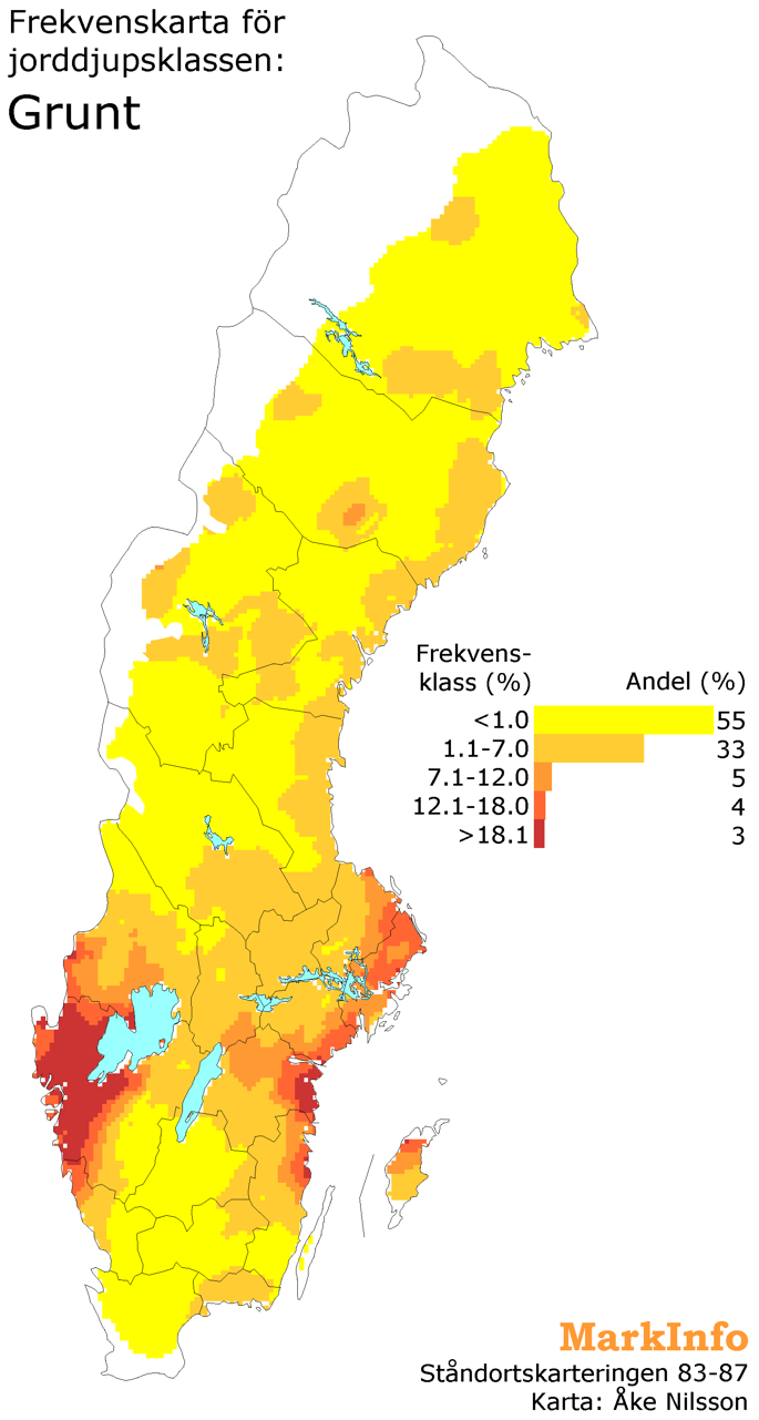 Frekvenskarta för jorddjupsklassen: grunt