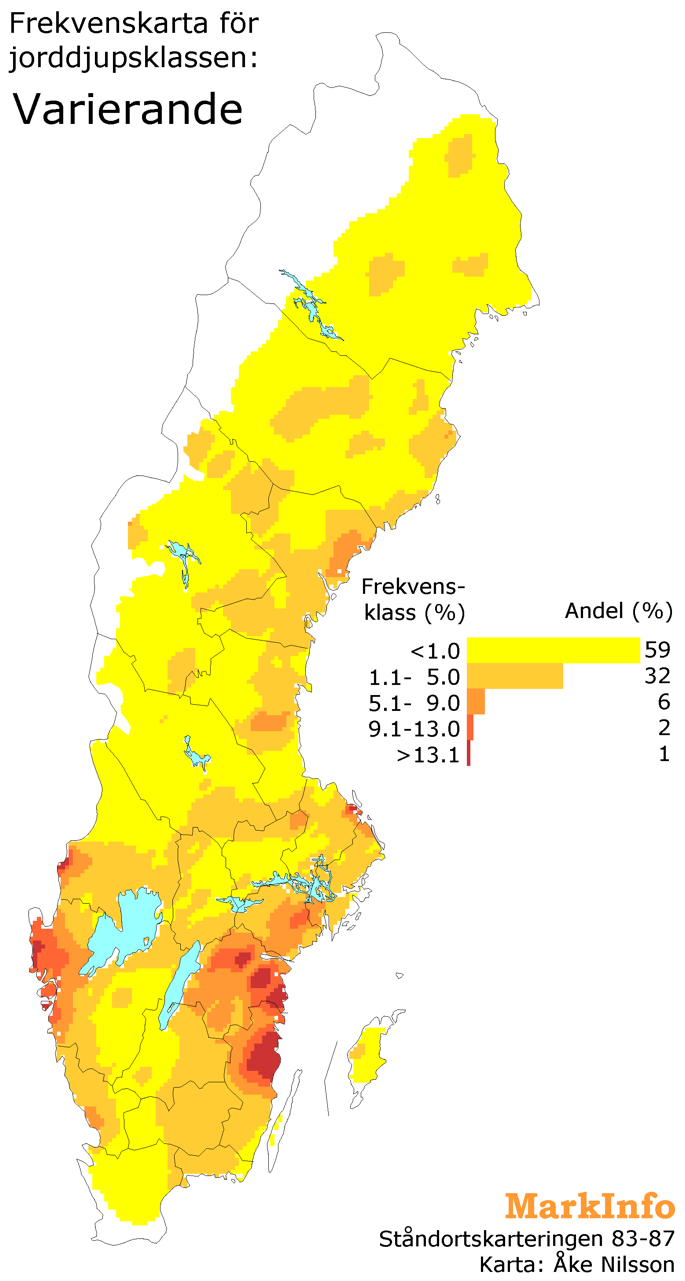 Frekvenskkarta för jorddjupsklassen: Varierande