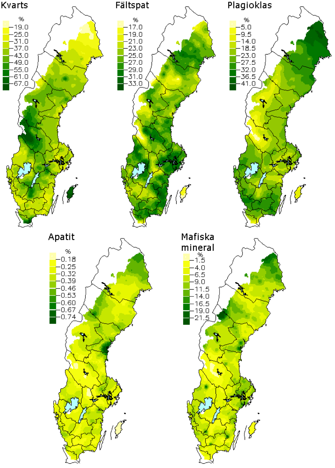 Flera Sverigekartor med markeringar i olika färger, illustration.