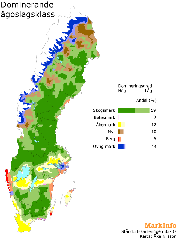 En Sverigekarta med markeringar i olika färger, illustration.