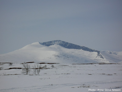 Ett snötäckt fjäll, foto.