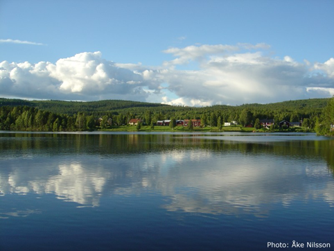 En sjö med hus och skog på andra sidan, foto.