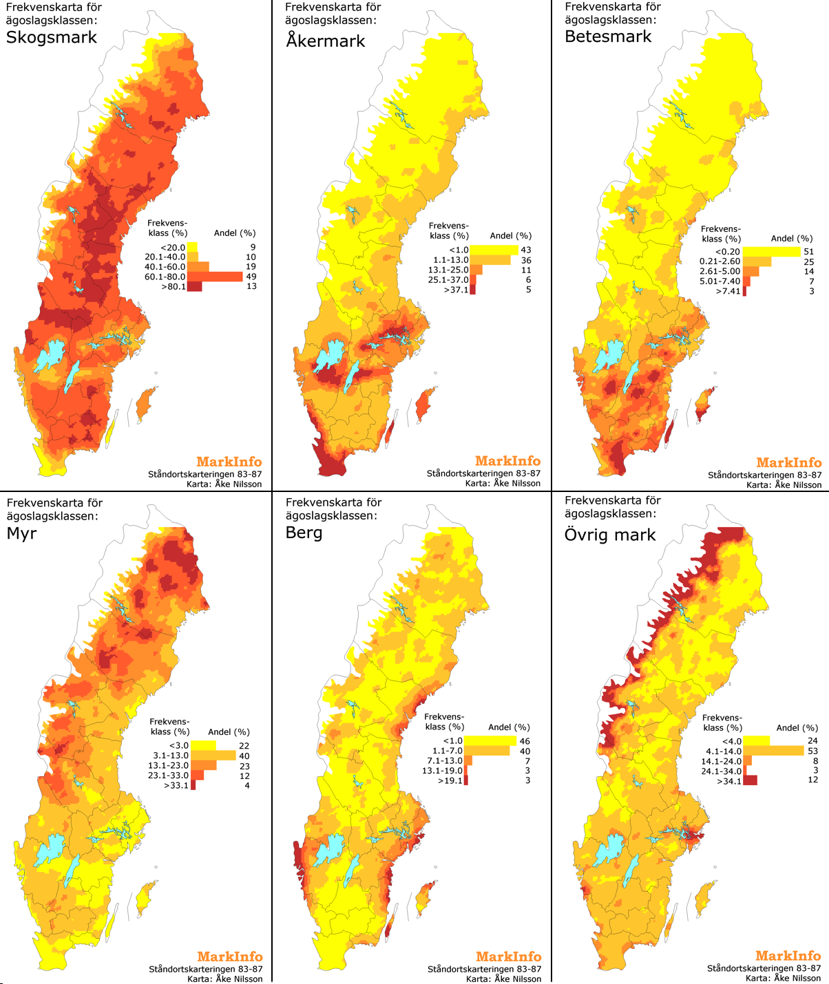 Sex Sverigekartor med markeringar i olika färger, illustration.