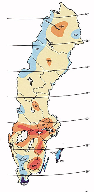 En Sverigekarta med markeringar i olika färger, illustration.