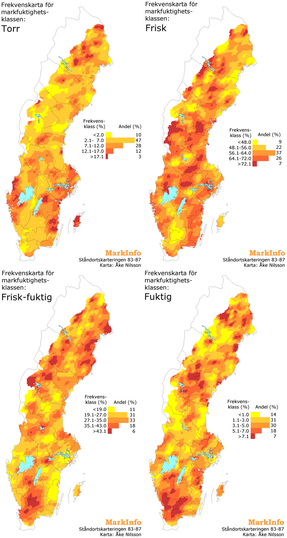 Fyra Sverigekartor med markeringar i olika färger, illustration.