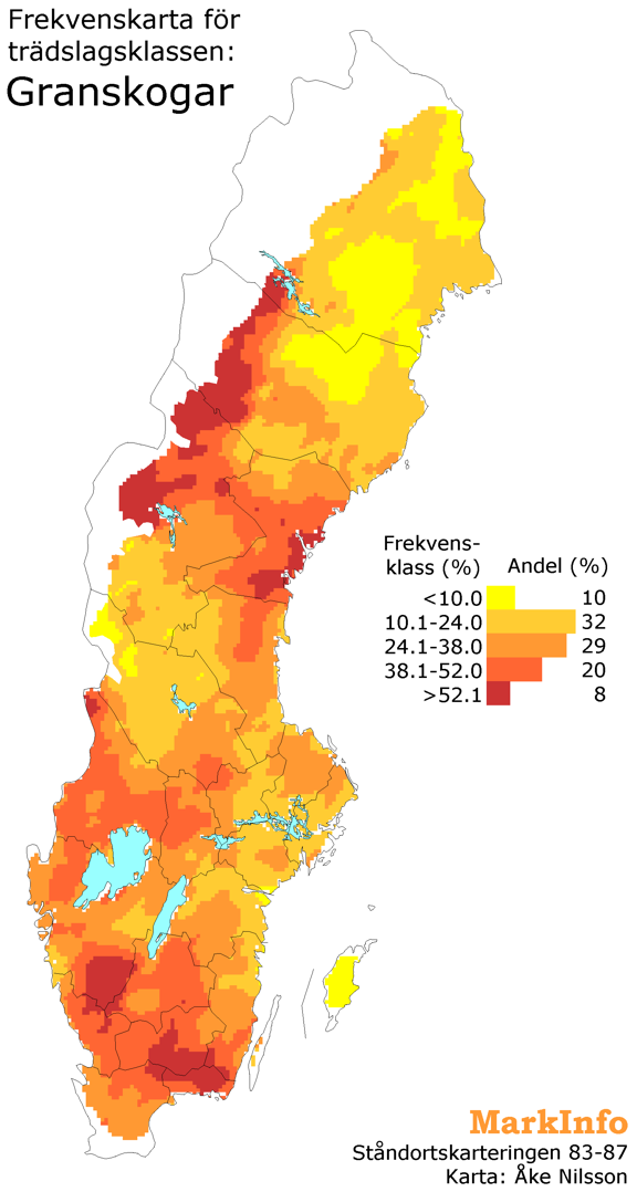 En Sverigekarta med markeringar i olika färger, illustration.