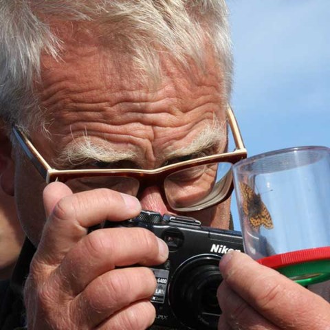 Närbild på en man som fotograferar insekt