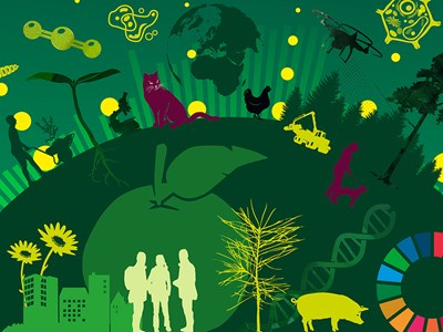Green illustrations of plant, cat, city, people, hen, dna string, dog, forest, drone, plant cell etc. 
