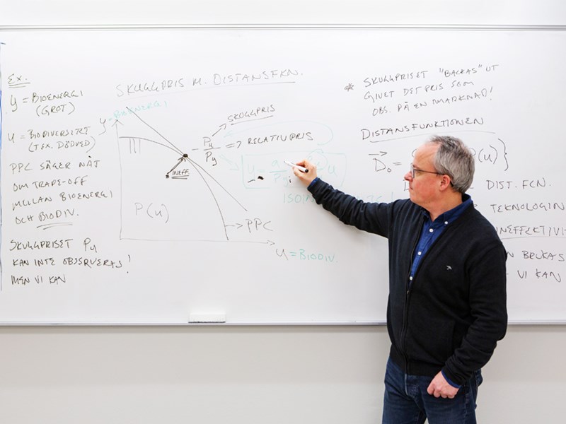 Bild av professor Tommy Lundgren som ritar på en white board-tavla. På tavlan syns diagram och anteckningar.
