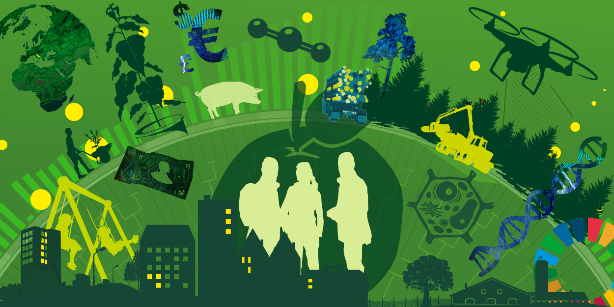 A green picture collage with illustrations of different research subjects within SLU 