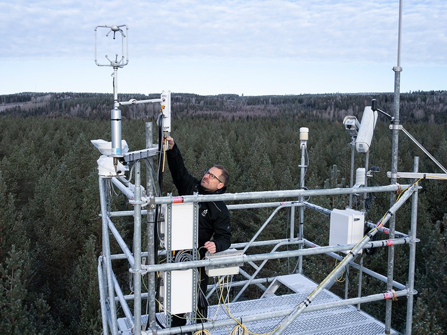 Matthias Peichl står på en plattform högt ovanför trädtopparna och justerar teknisk utrustning.